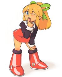  34no404 blonde_hair blue_eyes boots derivative_work dress female finger_to_mouth flat_chest green_eyes green_ribbons hair_ribbon hand_on_own_knee knee_boots leaning_forward long_hair long_sleeves looking_at_viewer mega_man_(classic) mega_man_(series) one_eye_closed open_mouth parody ponytail red_dress red_skirt ribbon roll_(mega_man) sexually_suggestive skirt solo 