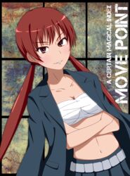  breasts chest_sarashi cleavage collarbone commentary_request crossed_arms female jacket jacket_on_shoulders kirigaoka_girls&#039;_academy_school_uniform long_hair looking_at_viewer medium_breasts midriff musujime_awaki no_emblem no_shirt open_clothes open_jacket red_eyes red_hair rinkai_(mamepika8492) sarashi school_uniform skirt solo standing toaru_majutsu_no_index twintails upper_body winter_uniform 