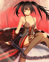  absurdres black_hair breasts brown_thighhighs choker cleavage commentary_request corset cross-laced_clothes date_a_live detached_sleeves female frills garter_straps heterochromia highres kugutsu_(961598140) lace lace-trimmed_legwear lace_trim lingerie lolita_fashion long_hair looking_at_viewer medium_breasts red_eyes sitting smile solo thighhighs tokisaki_kurumi twintails underwear yellow_eyes 