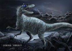  ankalt carcharodontosaurid carcharodontosaurus collaboration digital_media_(artwork) dinosaur extinct glowing lenika moon mummy prehistoric_species reptile scalie teeth theropod undead zombie 