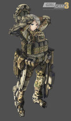  absurdres arms_up assault_rifle blue_eyes camouflage commentary_request elbow_pads exoskeleton female fn_scar full_body girlcam_(tanto) gloves gun helmet highres load_bearing_vest magazine_(weapon) military photoshop_(medium) pouch rifle short_hair silver_hair simple_background solo tanto_(tc1995) unworn_headwear unworn_helmet weapon 