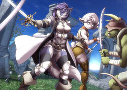  anthro ass bandage bovid butt_pose canid canine canis caprine clothed clothing detailed_background domestic_sheep female gloves grass group hair handwear holding_melee_weapon holding_object holding_sword holding_weapon horn jacket lucia_(grey_wolf_570) mammal melee_weapon open_mouth outside plant pose ruins sheep sky standing sword topwear twinkle-sez weapon wolf 