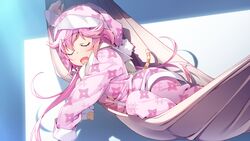  closed_eyes female game_cg grisaia_(series) grisaia_phantom_trigger hammock hat highres ikoma_murasaki long_hair long_sleeves nightcap non-web_source official_art open_mouth pajamas pink_hair sleeping solo watanabe_akio 