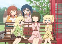  5girls :d alice_cartelet aqua_eyes belt bench black_hair black_pantyhose blonde_hair blue_eyes blue_hair blue_sky blunt_bangs blush bob_cut brown_skirt closed_eyes collarbone commentary_request day double_bun dress embarrassed flat_chest food frilled_dress frills grass green_jacket hair_bun hair_ornament hair_stick hairclip holding holding_food house ice_cream ice_cream_cone inokuma_youko jacket kei_(0497) kin-iro_mosaic komichi_aya kujou_karen laughing layered_skirt leaning_forward leaning_on_object long_hair long_sleeves looking_at_another multiple_girls oomiya_shinobu open_mouth outdoors own_hands_together pantyhose phone_booth pink_dress pink_shirt polka_dot polka_dot_dress purple_eyes red_hair red_skirt shirt short_hair shorts single_hair_bun sitting skirt sky smile soft_serve strap tree twintails very_long_hair wavy_hair white_shirt window wood x_hair_ornament yellow_dress yellow_shirt 