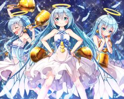  3girls angel bell bell_earrings bellringer_angel blue_eyes blue_hair closed_eyes commentary dress earrings feathers hair_ornament hairclip halo hands_on_own_hips jewelry long_hair looking_at_viewer matokechi multiple_girls open_mouth shadowverse smile standing white_dress wings 