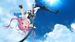  clouds combat_vehicle front_wing game_cg gloves grisaia:_phantom_trigger ikoma_murasaki long_hair pink_hair purple_eyes rope seifuku skirt sky twintails watanabe_akio 