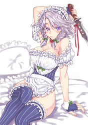  adapted_costume apron arm_support arm_up armpits bare_shoulders bed_sheet blue_eyes blue_gloves blue_hairband blue_thighhighs blush bow braid breasts bridal_garter cleavage collar collarbone colored_eyelashes commentary_request detached_sleeves feet_out_of_frame female fingerless_gloves fingernails frilled_apron frilled_hairband frilled_pillow frilled_shirt frilled_sleeves frills gloves green_bow green_ribbons grey_hair hair_between_eyes hairband hairbow holding holding_knife holding_weapon izayoi_sakuya knife large_breasts maid maid_apron maid_headdress mumulatte no_panties off-shoulder_shirt off_shoulder pillow puffy_short_sleeves puffy_sleeves red_collar red_ribbon ribbon shirt short_sleeves simple_background sitting solo striped_clothes striped_thighhighs swept_bangs thighhighs thighs touhou twin_braids vertical-striped_clothes vertical-striped_thighhighs waist_apron weapon white_apron white_background white_shirt 