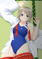  bare_shoulders blue_eyes blue_one-piece_swimsuit commentary_request competition_swimsuit cowboy_shot female grey_hair highres japanese_clothes looking_at_viewer love_live! love_live!_sunshine!! lying miko on_back one-piece_swimsuit sano_souichi short_hair solo swimsuit swimsuit_under_clothes tatami watanabe_you 