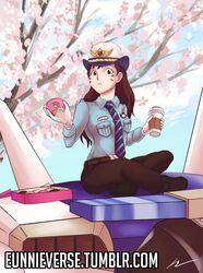  :t bad_id bad_twitter_id belt brown_eyes brown_hair cherry_blossoms coffee crossed_legs cup d.va_(overwatch) disposable_coffee_cup disposable_cup doughnut eating eunnieverse facial_mark female female_service_cap food gloves hanami hat long_hair looking_at_viewer mecha necktie officer_d.va official_alternate_costume overwatch overwatch_1 pants pastry_box police police_hat police_uniform policewoman robot shoes sitting solo uniform watermark web_address whisker_markings 