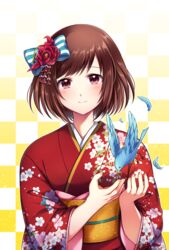  bird brown_eyes brown_hair checkered_background commentary_request female hair_ornament japanese_clothes kimono koyoka looking_at_viewer obi original sash short_hair smile 