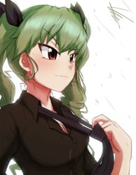  &gt;:) adjusting_clothes adjusting_necktie anchovy_(girls_und_panzer) bad_id bad_pixiv_id black_necktie black_ribbon black_shirt breasts cleavage closed_mouth collared_shirt commentary_request female girls_und_panzer green_hair hair_ribbon long_hair looking_afar medium_breasts necktie no_bra preesoul red_eyes ribbon serious shirt signature simple_background solo twintails upper_body v-shaped_eyebrows white_background wing_collar 