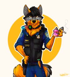  2017 4_fingers absurd_res anthro antrage badge belt black_body black_claws black_fur black_hair black_nose bulletproof_vest canid canine canis carrot carrot_pen cigarette claws clothed clothing collar dessert digital_media_(artwork) disney doughnut electronics english_text eyewear fangs fingers fluffy fluffy_tail food fox fully_clothed fur glasses grey_body grey_fur grey_pawpads guardian_angel_(lightbar) gun hair hand_on_hip handgun hi_res holding_food holding_object holster holstered_pistol hybrid inner_ear_fluff kazuto_nightwolf_(wolfgang151) lieutenant light lightbar looking_at_viewer lt._knight male mammal microphone nameplate neck_tuft orange_body orange_fur pastry patch_(fabric) pawpads pistol plant police police_badge police_officer_eating_donut police_uniform portrait radio ranged_weapon shirt shock_collar signature simple_background solo tail tame_collar_(zootopia) teeth text text_on_clothing text_on_shirt text_on_topwear text_on_vest three-quarter_portrait topwear tuft uniform vegetable vest walkie-talkie weapon white_background wolf yellow_eyes zootopia zpd 