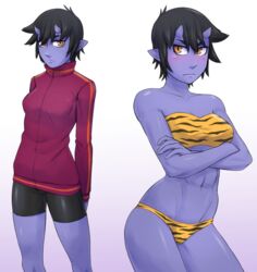  abs animal_print black_eyes blush breasts colored_skin commentary crossed_arms female highres horns ittla monster_girl oni original pointy_ears purple_skin short_hair shorts skin-covered_horns slit_pupils small_breasts sweater tiger_print ume_(ittla) yellow_eyes 