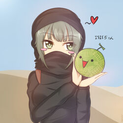  bad_id bad_pixiv_id blush_stickers character_name dark-skinned_female dark_skin female food fruit green_hair heart hijab holster isis-chan isis_(terrorist_group) melon mikhail_n muslim niqab original short_hair solo 