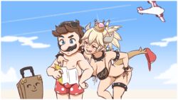  1boy aea aircraft airplane arm_on_another&#039;s_shoulder armlet bikini black_collar blonde_hair blue_eyes bowsette bracelet breasts brown_hair cloud collar commentary couple english_commentary facial_hair female hat highres horns jewelry large_breasts lenny_face luggage male_swimwear map mario mario_(series) moustache new_super_mario_bros._u_deluxe pectorals pointing polka_dot princess red_eyes sharp_teeth sky smile spiked_armlet spiked_bracelet spiked_collar spiked_shell spiked_tail spiked_thighlet spikes straight suitcase super_crown super_mario_sunshine swim_trunks swimsuit tail teeth thighlet topless_male turtle_shell 