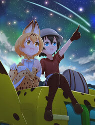  2girls :d animal_ears armpit_peek backpack bag black_gloves black_hair black_pantyhose blue_eyes brown_eyes bus cloud cloudy_sky commentary_request elbow_gloves gloves hat helmet highres kaban_(kemono_friends) kemono_friends light_brown_hair motor_vehicle multiple_girls night night_sky open_mouth outdoors pandemic14 pantyhose pith_helmet pointing pointing_up serval_(kemono_friends) serval_print shoes shooting_star short_hair sitting sky smile star_(sky) stargazing starry_sky tail 