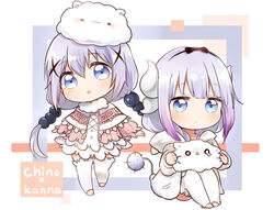  2girls alternate_costume alternate_hairstyle blue_eyes capelet character_name commentary_request cosplay costume_switch crossover dragon_girl dragon_horns flot gochuumon_wa_usagi_desu_ka? grey_hair hair_bobbles hair_ornament hairband horns kafuu_chino kanna_kamui kanna_kamui_(cosplay) kobayashi-san_chi_no_maidragon long_hair look-alike low_twintails multiple_girls sitting tail thighhighs tippy_(gochiusa) twintails white_legwear zettai_ryouiki 