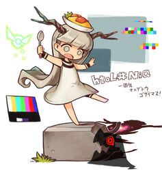  barefoot chibi color_guide commentary_request dress female food grey_hair horns hotaru_(htol#niq) htol#niq:_hotaru_no_nikki kagehotaru_(htol#niq) katabami38 long_hair mion_(htol#niq) o_o object_on_head omelet omurice open_mouth red_eyes shadow solid_circle_eyes spoon standing standing_on_one_leg very_long_hair white_background white_dress 