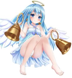  angel angel_wings bad_id bad_pixiv_id bare_shoulders barefoot bell bell_earrings bellringer_angel blue_eyes blue_hair blush dress earrings feet female full_body hair_ornament hairclip halo highres jewelry key keyring long_hair looking_at_viewer misogin panties pantyshot shadowverse smile solo underwear white_background white_dress white_wings wings 