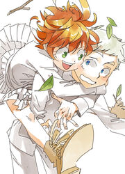  1boy blonde_hair blue_eyes duo emma_(yakusoku_no_neverland) female green_eyes hug_from_behind leaf messy_hair norman_(yakusoku_no_neverland) orange_hair simple_background smile white_background white_clothes yakusoku_no_neverland 