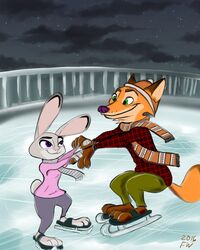  4:5 anthro canid canine clothed clothing disney duo female fox fur judy_hopps lagomorph leporid male mammal murlik nick_wilde rabbit red_fox true_fox winter zootopia 