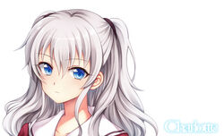  blue_eyes charlotte_(anime) collarbone commentary_request copyright_name female grey_hair highres koyoka long_hair looking_at_viewer school_uniform serafuku simple_background solo tomori_nao two_side_up white_background 