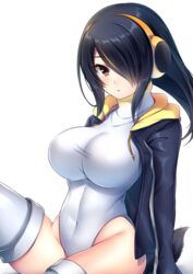  black_eyes black_hair breasts commentary_request emperor_penguin_(kemono_friends) female hair_over_one_eye headphones highleg highleg_leotard kemono_friends koyoka leotard long_hair looking_at_viewer multicolored_hair parted_lips simple_background sitting solo tail two-tone_hair white_background 