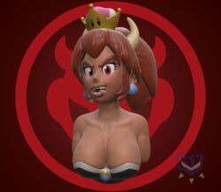  2018 3d_(artwork) alternate_species big_breasts blonde_hair blue_eyes bowser bowsette_meme breasts bust_portrait chromakoros clothing crown digital_media_(artwork) dress ear_piercing female hair headgear horn horned_humanoid humanoid humanoidized mario_bros meme nintendo not_furry piercing portrait red_background rule_63 simple_background solo super_crown tongue tongue_out 