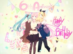  1boy 3girls absurdres aqua_hair belt blonde_hair blue_eyes character_name commentary_request dated green_eyes group_hug hair_ornament hair_ribbon hairclip happy_birthday hatsune_miku highres hug kagamine_len kagamine_rin long_hair megurine_luka multiple_girls one_eye_closed open_mouth pantyhose pink_hair ribbon side_ponytail skirt very_long_hair vocaloid watch yui_(22) 