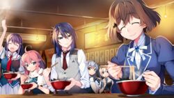  aoi_haruto blue_hair braids brown_hair food front_wing fukami_reina game_cg gray_hair grisaia:_phantom_trigger group ikoma_murasaki kujirase_christina_sakurako long_hair male orange_eyes pink_hair purple_eyes purple_hair scarf seifuku shishigaya_touka short_hair skirt tie watanabe_akio 