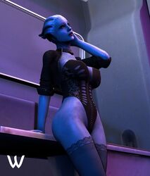  1girls 3d 3d_(artwork) alien asari ass big_breasts blue_eyes blue_skin bolero breasts bubble_butt busty choker cleavage erect_nipples eyelashes eyeliner female female_focus female_only hourglass_figure huge_breasts jacket large_breasts liara_t&#039;soni lingerie makeup mascara mass_effect nipple_bulge pinup pose posing scales sleeves_rolled_up solo standing stockings thick_thighs wide_hips wildynsfw 