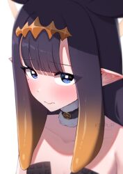  artist_name black_collar blue_eyes blunt_bangs blush closed_mouth collar collarbone female fur-trimmed_collar fur_trim gradient_hair halo headpiece highres hololive hololive_english keipup looking_at_viewer mole mole_under_eye multicolored_hair ninomae_ina&#039;nis ninomae_ina&#039;nis_(1st_costume) orange_hair pointy_ears purple_eyes sidelocks simple_background solo tentacle_hair twitter_username virtual_youtuber white_background 