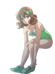  bikini bow breasts brown_eyes brown_hair casual_one-piece_swimsuit female frilled_bikini frills front-tie_swimsuit full_body green_bow green_footwear green_one-piece_swimsuit hal-py hibike!_euphonium invisible_chair one-piece_swimsuit oumae_kumiko shoes short_hair simple_background sitting small_breasts sneakers solo swimsuit white_background 