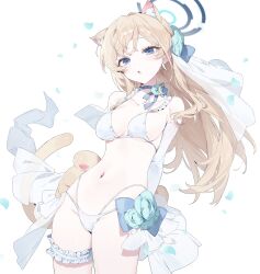  :o absurdres animal_ears animal_hands bikini blonde_hair blue_archive blue_choker blue_eyes blush breasts bridal_garter cat_ears cat_tail choker collarbone elbow_gloves extra_ears falling_petals female gloves halo highres kemonomimi_mode long_hair looking_at_viewer medium_breasts meunhongcha navel oerba_yun_fang paw_gloves petals simple_background skin_fang solo stomach swimsuit tail toki_(blue_archive) very_long_hair white_background white_bikini white_gloves 