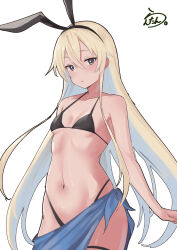  absurdres alternate_costume animal_ears artist_logo bikini black_bikini black_hairband blonde_hair blue_sarong breasts fake_animal_ears female grey_eyes hairband highleg highleg_bikini highres kantai_collection lanthan long_hair looking_at_viewer one-hour_drawing_challenge rabbit_ears sarong shimakaze_(kancolle) simple_background small_breasts solo swimsuit white_background 