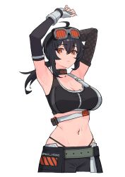  armpits arms_up bare_shoulders black_hair breasts choker cleavage closed_mouth eyewear_on_head female gloves goggles goggles_on_head grace_howard hair_between_eyes highres kuso_otoko long_hair looking_at_viewer navel simple_background solo white_background zenless_zone_zero 