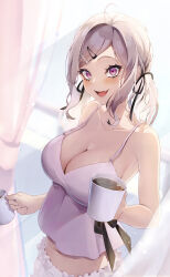  absurdres ahoge blush breasts cafe camisole cleavage coffee coffee_mug cup fang_out female grey_hair hair_ornament hair_over_one_eye highres holding holding_cup indoors large_breasts long_hair looking_at_viewer low_twintails mug navel nijisanji no_bra oerba_yun_fang open_mouth pajamas pink_camisole pink_pajamas skin_fang sleepwear smile solo steam sukoya_kana sukoya_kana_(6th_costume) twintails virtual_youtuber window yawamochi27 