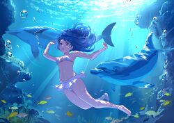  absurdres air_bubble bikini breasts bubble dolphin female highres medium_breasts nap_on_a_cloud original scenery solo submerged swimsuit tropical_fish underboob underwater white_bikini 