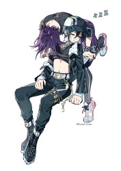  2boys belt bishounen black_hair black_shirt boots checkered_clothes closed_eyes clothes_lift crop_top danganronpa_(series) danganronpa_v3:_killing_harmony ewa_(seraphhuiyu) eyelashes full_body hair_between_eyes hat highres jacket leaning_on_person long_sleeves male_focus multiple_boys nail_polish navel oma_kokichi pants purple_hair saihara_shuichi shirt shirt_lift shoes short_hair simple_background sitting sleeping sneakers standing standing_on_one_leg twitter_username white_background white_belt yaoi zzz 