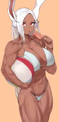  :o abs animal_ears ball beachball bikini boku_no_hero_academia breasts brown_background cleavage collarbone dark-skinned_female dark_skin female food highres holding holding_ball holding_beachball holding_food holding_popsicle huge_breasts long_eyelashes long_hair looking_at_viewer melting mirko muscular muscular_female navel parted_bangs parted_lips popsicle rabbit_ears rabbit_girl red_eyes simple_background solo soolee040995 stomach swimsuit tail thick_thighs thighs very_long_hair white_bikini white_hair 