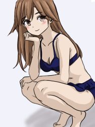  arashio_(kancolle) barefoot bikini blue_bikini bone_namu(namu49850) breasts brown_eyes brown_hair commentary_request female frilled_bikini frills kantai_collection long_hair simple_background small_breasts solo squatting swimsuit white_background 