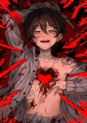  1boy absurdres bandaged_neck bandages bandaid bandaid_on_hand black_hair blood blood_on_clothes blood_on_face blood_on_stomach blush collarbone fork gauze_on_shoulder grey_eyes guro hair_between_eyes hand_up heart highres holding holding_knife hole_in_chest hole_on_body knife long_sleeves looking_at_viewer male_focus nanin navel open_clothes open_mouth open_shirt original pants parted_lips shirt short_hair smile solo striped_clothes teeth upper_body upper_teeth_only white_pants white_shirt 