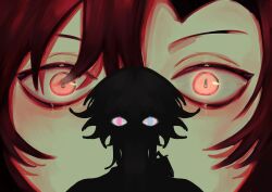  2boys absurdres blue_eyes close-up coolguynat english_commentary eyelashes gavis_bettel hair_between_eyes heterochromia highres holostars holostars_english horror_(theme) looking_at_viewer machina_x_flayon male_focus multiple_boys pink_eyes red_eyes red_hair shiny_skin short_hair silhouette slit_pupils staring virtual_youtuber wide-eyed 