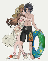  1boy aerith_gainsborough aerith_gainsborough_(sunny_robe) arm_around_waist barefoot bikini black_hair blue_eyes female final_fantasy final_fantasy_vii final_fantasy_vii_ever_crisis flower green_eyes hat holding holding_swim_ring hug huosheanng long_hair official_alternate_costume pink_bikini sandals simple_background smile spiked_hair starfish straw_hat swim_ring swimsuit topless_male zack_fair zack_fair_(tropical_beach) 