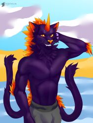  absurd_res anthro clothed clothing domestic_cat felid feline felis fur hair hi_res looking_at_viewer male mammal monster muscular purple_body red_body red_eyes red_fur simple_background smile smiling_at_viewer smirk smirking_at_viewer solo tail teremunart unknown_character yellow_eyes 