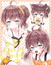  :3 ? absurdres ahoge animal_ears blue_eyes blush breasts brown_hair camisole cardigan cat_ears chibi cleavage cropped_jacket doughnut female food highres hololive jacket looking_at_viewer mouth_hold natsuiro_matsuri natsuiro_matsuri_(1st_costume) natsuiro_matsuri_(matsuri&#039;s_day_off) official_alternate_costume side_ponytail small_breasts smile striped_cardigan virtual_youtuber yellow_camisole yellow_cardigan yellow_jacket yomomaru 