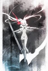  bikini bikini_top_only black_rock_shooter black_rock_shooter_(game) female fire flaming_eye glowing glowing_eye glowing_eyes jacket long_hair monochrome mutomorokoshi no_shirt open_clothes open_jacket red_eyes red_fire scythe shorts star_(symbol) swimsuit twintails white_rock_shooter 