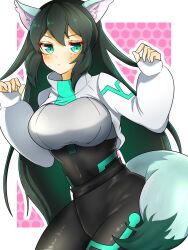  animal_ear_fluff animal_ears belt black_belt black_bodysuit black_hair blush bodysuit border breasts colored_inner_hair covered_navel female fox_ears fox_tail fusion green_eyes green_hair gundam gundam_build_divers gundam_build_divers_re:rise highres juice_(jule_tyaojule) kemonomimi_mode large_breasts long_hair may_(gundam_build_divers_re:rise) multicolored_hair parviz_(gundam_build_divers_re:rise) shrug_(clothing) sleeves_past_wrists solo tail very_long_hair white_border white_shrug 