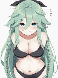  black_bra black_panties black_ribbon bra braid collarbone cowboy_shot embarrassed female green_eyes green_hair hair_between_eyes hair_flaps hair_ornament hair_ribbon hairclip highres ice_cream_(aisu_aisu_9898) kantai_collection long_hair looking_at_viewer navel panties ponytail ribbon solo twin_braids underwear underwear_only white_background yamakaze_(kancolle) yamakaze_kai_ni_(kancolle) 