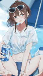  absurdres bare_legs barefoot beach_umbrella bikini blue_bikini blush brand_name_imitation brown_hair can collarbone commentary_request eyewear_on_head female highres holding holding_can idolmaster idolmaster_million_live! izuminnu jewelry looking_at_viewer navel pocari_sweat ponytail ring satake_minako shirt short_sleeves sitting smile solo spread_legs stomach sunglasses swimsuit tied_shirt umbrella wet wet_clothes wet_shirt white_shirt 